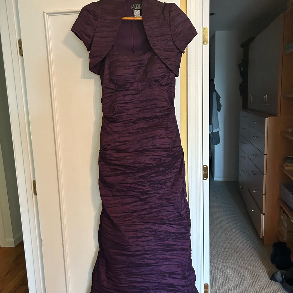 Alex evening purple spaghetti strap gown with matching bolero jacket.